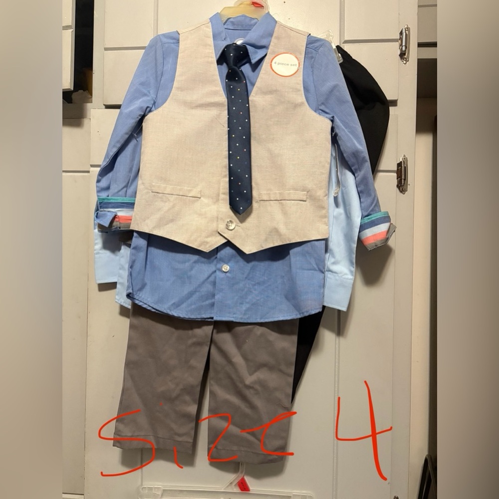 Boys Light Blue Shirt, Beige Vest & Polka Dot Navy Tie Set